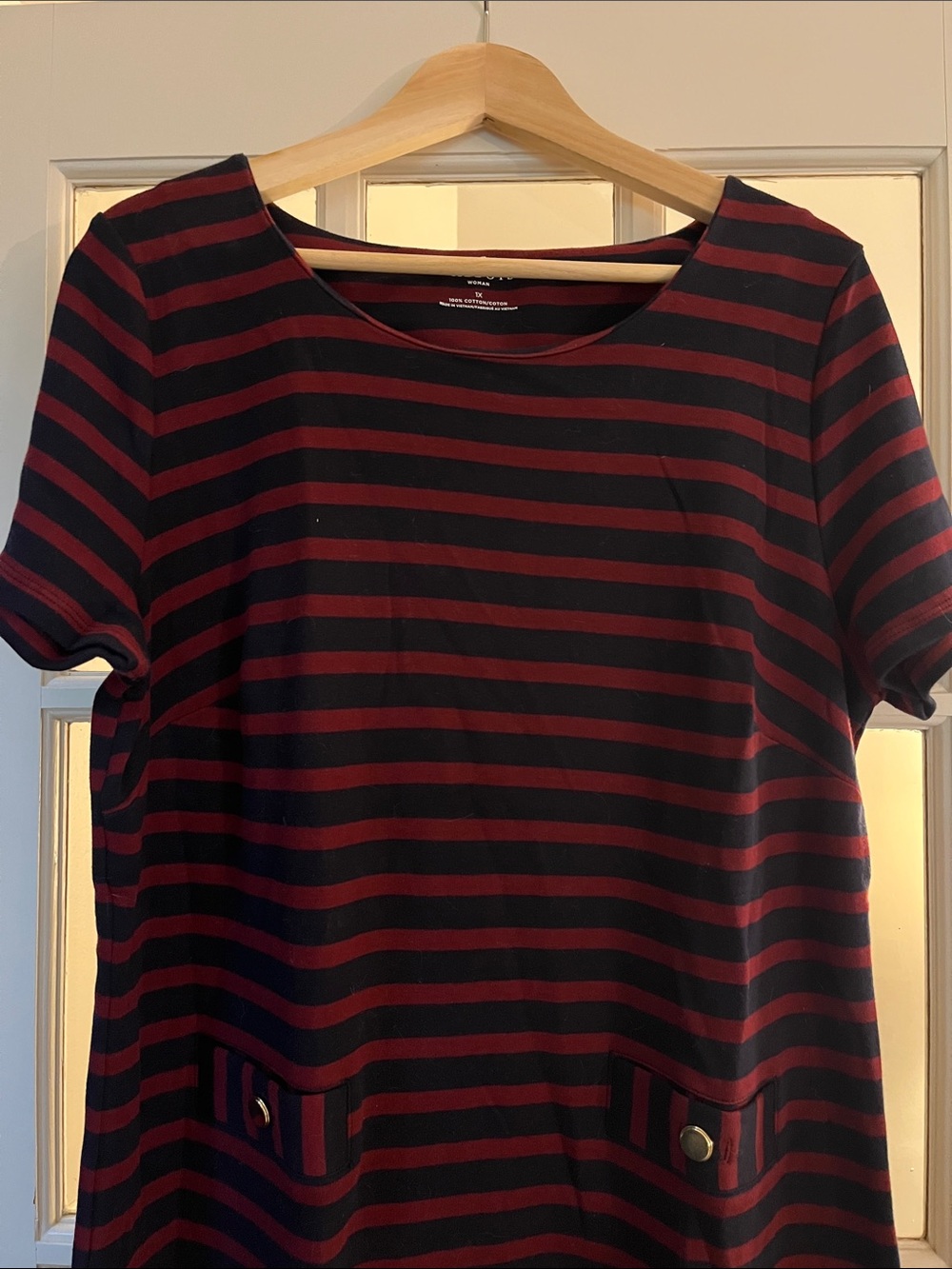 Talbots Navy and Burgundy Striped Short Sleeve knit dress. Size 1X